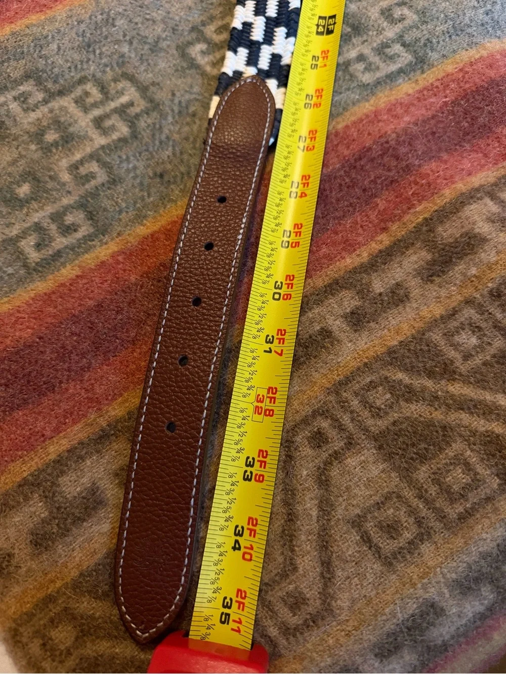 Brooks Brothers Navy White Woven Belt Brown Leather Size S